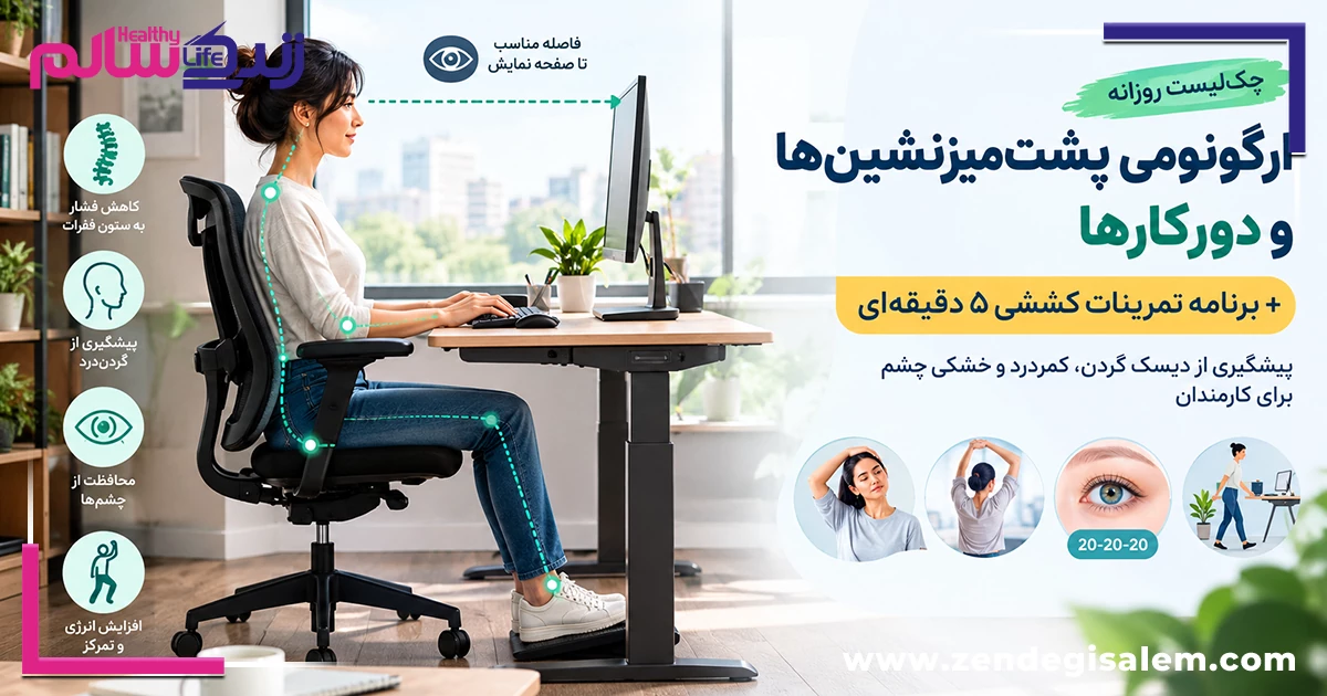 چکلیست روزانه ارگونومی پشتمیزنشینها و دورکارها + برنامه کشش ۵ دقیقهای